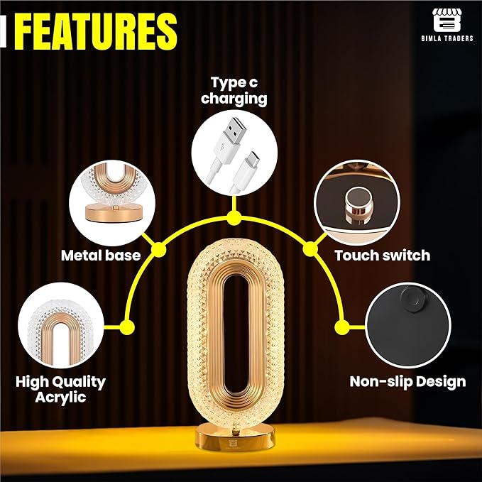 The Flair Store™ Crystal Diamond Table Lamp, Touch Control, 3 Way Dimmable, USB Rechargeable, Night Stand Light for Bedroom, Living Room 3-Modes LED Light (Tall Oval Shape)