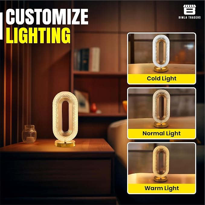 The Flair Store™ Crystal Diamond Table Lamp, Touch Control, 3 Way Dimmable, USB Rechargeable, Night Stand Light for Bedroom, Living Room 3-Modes LED Light (Tall Oval Shape)